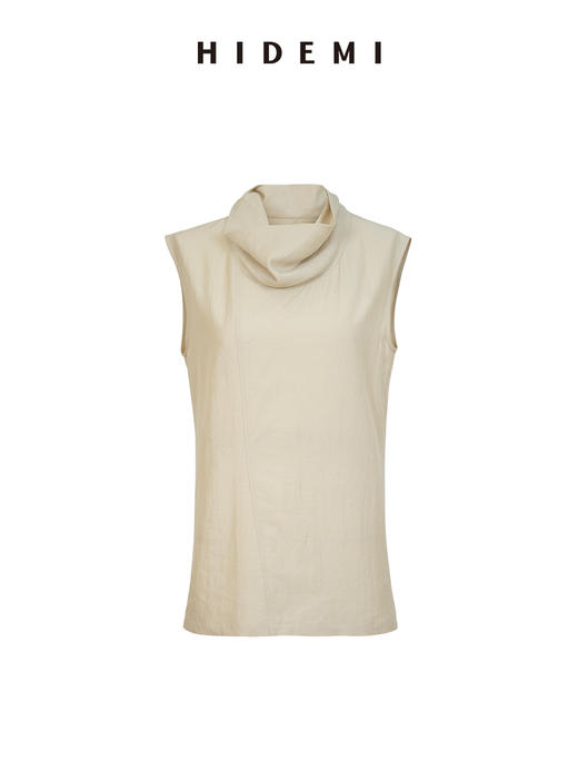 HIDEMI极简设计感不对称扭扭腰拉链破缝多穿式清透感可再生天丝背心茧型裤套装 堆堆领背心/不对称绑带茧型裤  奶茶米/杏仁绿 商品图10