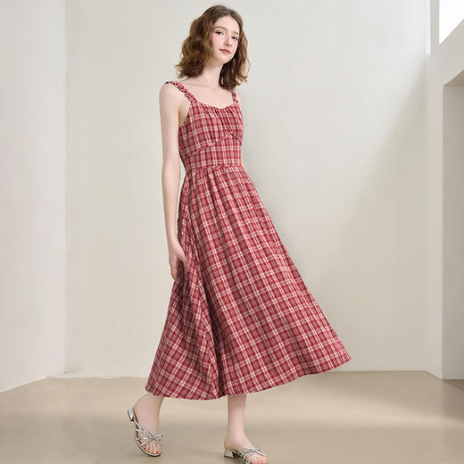 法式气质复古红色格纹木耳边吊带裙女夏季收腰连衣裙V1050583 商品图1