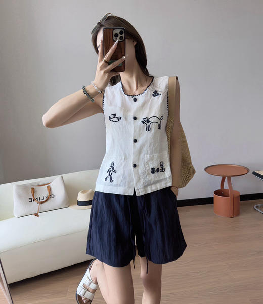 韩国订单亚麻刺绣马甲衬衫062305 商品图2