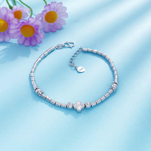 【限时8.8折】【线上铂金馆】PT950 【精品】铂金CNC空心小幸福幸运四叶草转运圆珠筒珠间款调节手链（内里为铂金线）(BFPTSL00015)预售产品下单后不退款不退货不换货不补差价) 商品图1