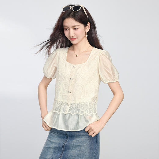 【专属特价】熙世界法式莱赛尔方领衬衫女夏季2025新款镂空绣花假两件天丝小衫 商品图4