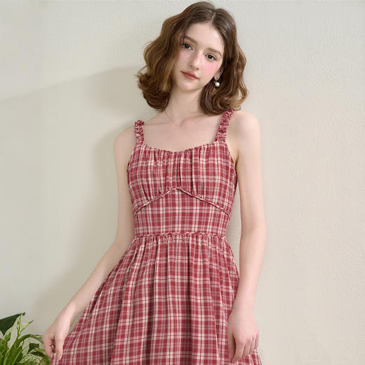 法式气质复古红色格纹木耳边吊带裙女夏季收腰连衣裙V1050583 商品图2