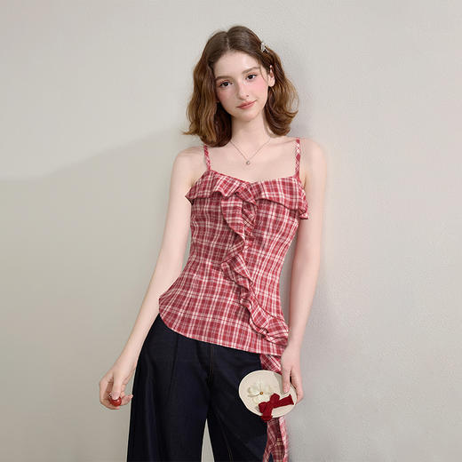 【明媚少女】辣妹复古红色格纹收腰荷叶边吊带女夏季上衣V1050593 商品图1