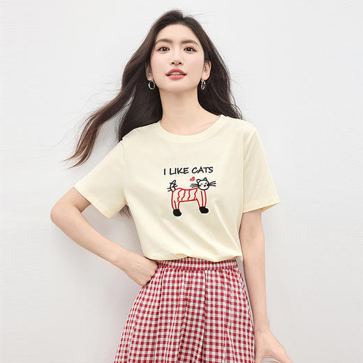 【专属特价】熙世界美式猫咪刺绣T恤女短袖夏日趣味减龄圆领正肩体恤上衣纯棉 商品图4