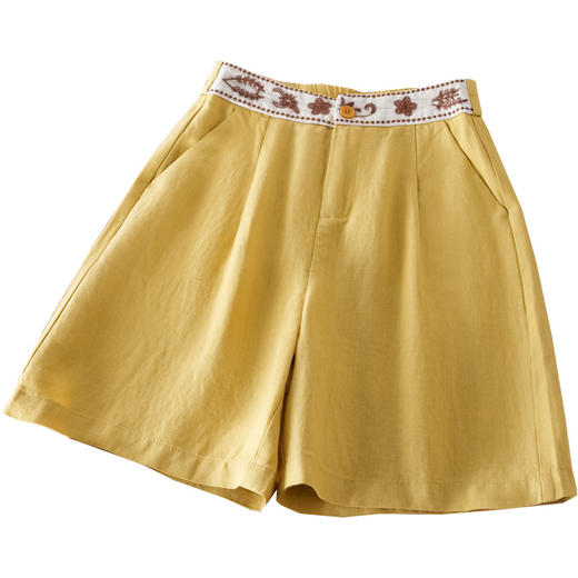 「自」全新升级【铂金会员146/天猫199/差价53】(70952)洛诗琳天丝亚麻五分裤2025夏季刺绣高腰休闲阔腿短裤女 商品图4