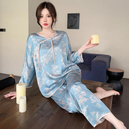 TZW-新中式国风高级感薄款竹林鸟冰雪丝睡衣女家居服套装 商品图0