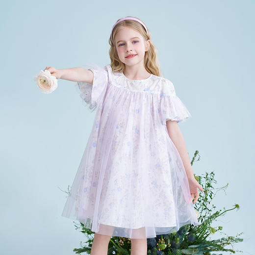 mettekids儿童连衣裙2025夏季新款纱裙女童法式碎花紫色大童裙子 商品图2