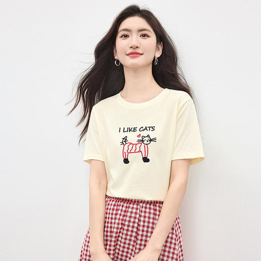 【专属特价】熙世界美式猫咪刺绣T恤女短袖夏日趣味减龄圆领正肩体恤上衣纯棉 商品图2