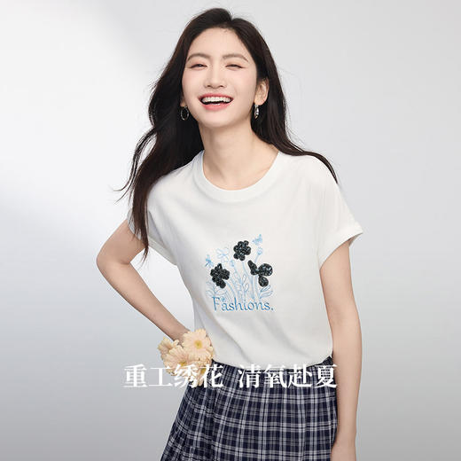 熙世界全棉珠片绣花T恤女夏季2025新款休闲百搭宽松减龄圆领上衣 商品图1