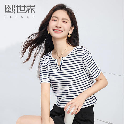 熙世界复古撞色条纹T恤女短袖2025夏季新款时尚宽松休闲百搭上衣 商品图0