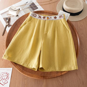 「自」全新升级【铂金会员146/天猫199/差价53】(70952)洛诗琳天丝亚麻五分裤2025夏季刺绣高腰休闲阔腿短裤女