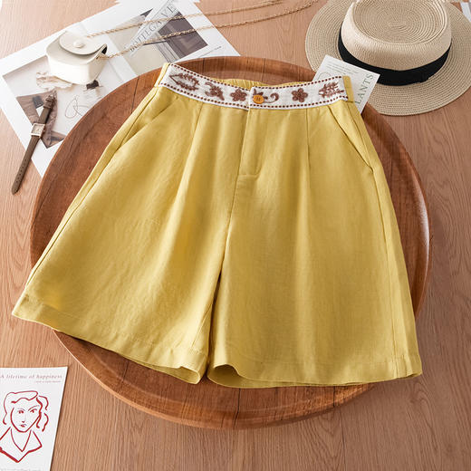 「自」全新升级【铂金会员146/天猫199/差价53】(70952)洛诗琳天丝亚麻五分裤2025夏季刺绣高腰休闲阔腿短裤女 商品图0