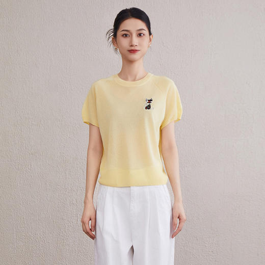 「自」全新升级【铂金会员238/天猫319/差价81】(43347)洛诗琳圆领插肩袖刺绣T恤2025夏季简约百搭气质减龄针织上衣 商品图3