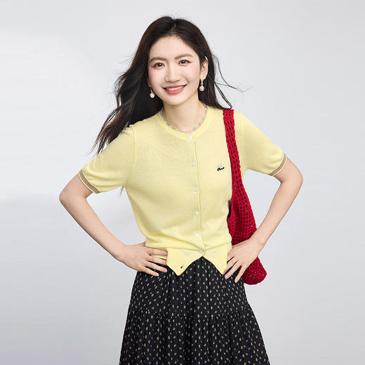 【五折购】熙世界仿亚麻冰丝针织衫女薄款夏季刺绣短袖开衫上衣2025夏季新款 商品图4