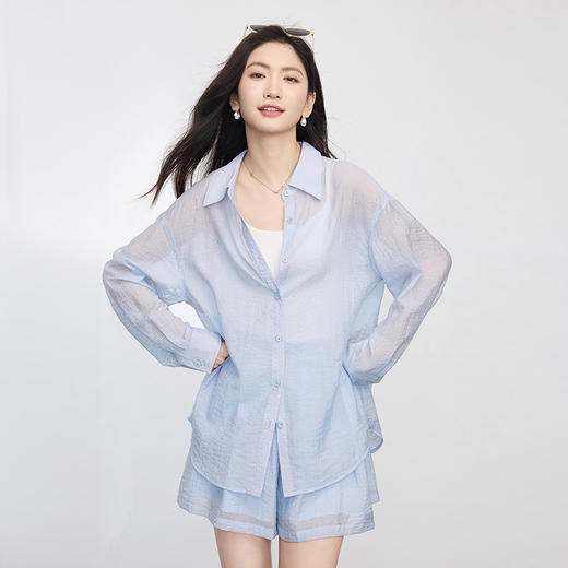 【专属特价】熙世界淡人穿搭防晒衬衫套装夏日女装宽松减龄休闲衬衣短裤两件套 商品图2