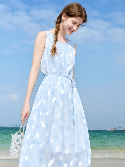 【百图lulu定制】【羽毛背心裙】 法式仙气   羽毛印花无袖连衣裙 商品图1