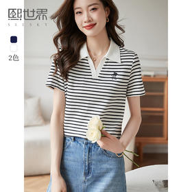 【专属特价】熙世界POLO领条纹T恤短袖女士洋气减龄刺绣正肩上衣2025夏新款