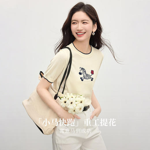 熙世界小马提花针织衫女短袖2025夏新款百搭宽松圆领薄款冰丝上衣 商品图1
