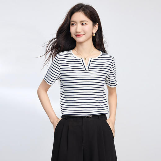熙世界复古撞色条纹T恤女短袖2025夏季新款时尚宽松休闲百搭上衣 商品图3