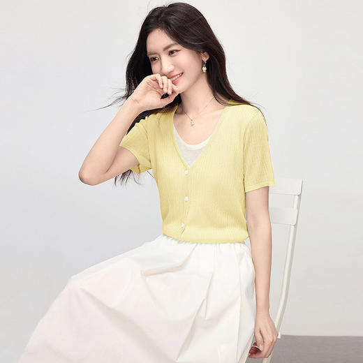 【专属特价】熙世界天丝亚麻薄款针织衫女夏日2025新款撞色圆领短袖假两件上衣 商品图3