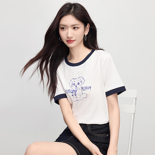 【专属特价】熙世界小狗印花T恤短袖女2025夏季新款减龄撞色圆领正肩体恤上衣 商品图3