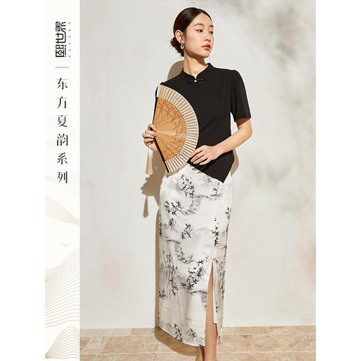 【专属特价】熙世界国风盘扣T恤水墨画半身裙两件套2024年夏季新中式女装套装 商品图0