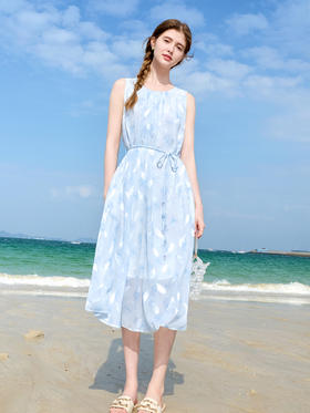 【百图lulu定制】【羽毛背心裙】 法式仙气   羽毛印花无袖连衣裙