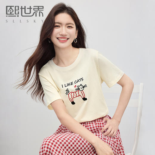 【专属特价】熙世界美式猫咪刺绣T恤女短袖夏日趣味减龄圆领正肩体恤上衣纯棉 商品图0