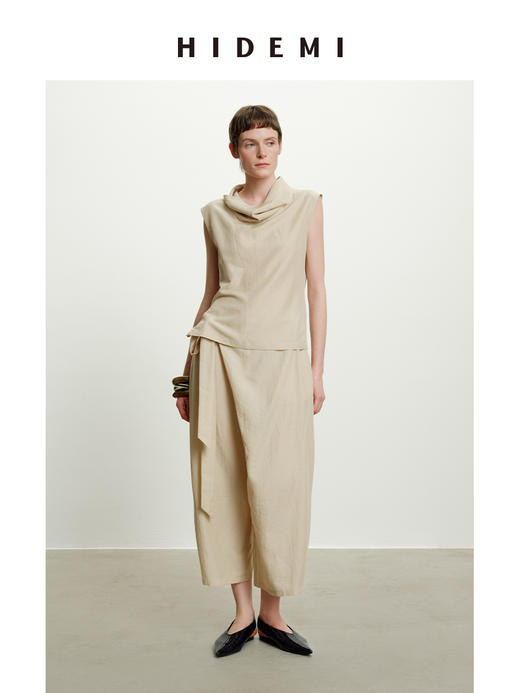 HIDEMI极简设计感不对称扭扭腰拉链破缝多穿式清透感可再生天丝背心茧型裤套装 堆堆领背心/不对称绑带茧型裤  奶茶米/杏仁绿 商品图7