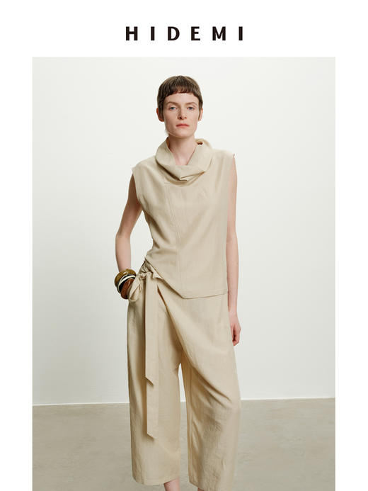 HIDEMI极简设计感不对称扭扭腰拉链破缝多穿式清透感可再生天丝背心茧型裤套装 堆堆领背心/不对称绑带茧型裤  奶茶米/杏仁绿 商品图8