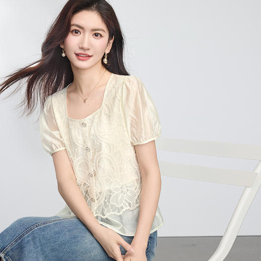 【专属特价】熙世界法式莱赛尔方领衬衫女夏季2025新款镂空绣花假两件天丝小衫 商品图3