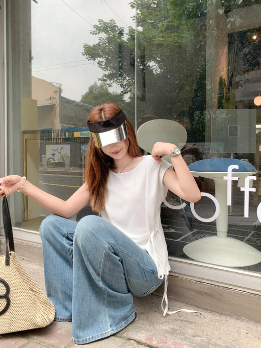 <曾小咸推荐>侧开叉绑带设计感收腰短袖T恤女 商品图8