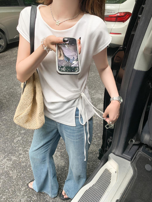 <曾小咸推荐>侧开叉绑带设计感收腰短袖T恤女 商品图6