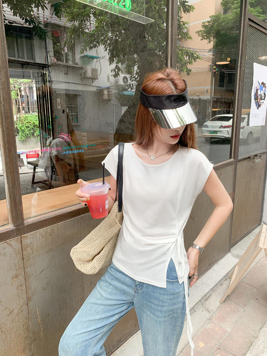 <曾小咸推荐>侧开叉绑带设计感收腰短袖T恤女 商品图5