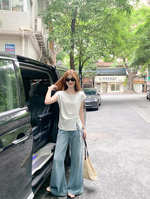 <曾小咸推荐>侧开叉绑带设计感收腰短袖T恤女 商品图7