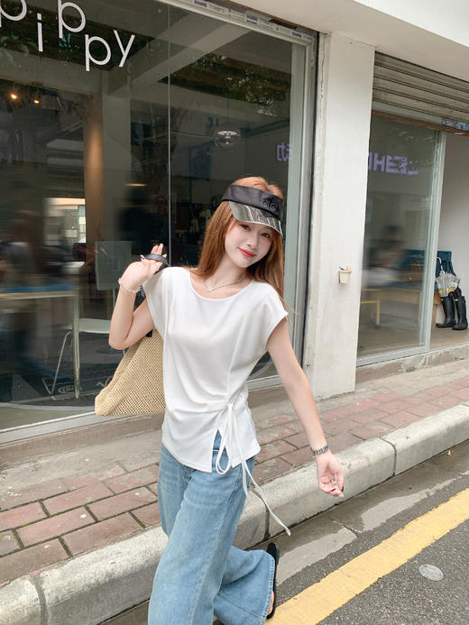 <曾小咸推荐>侧开叉绑带设计感收腰短袖T恤女 商品图12