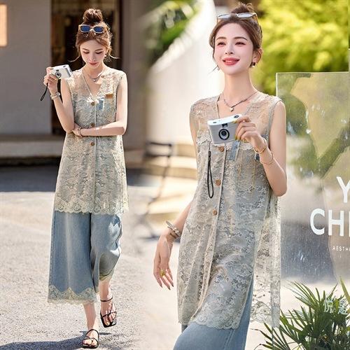 新中式镂空马甲罩衫女夏季新款复古气质外搭休闲背心阔腿裤两件套BX3012 商品图4