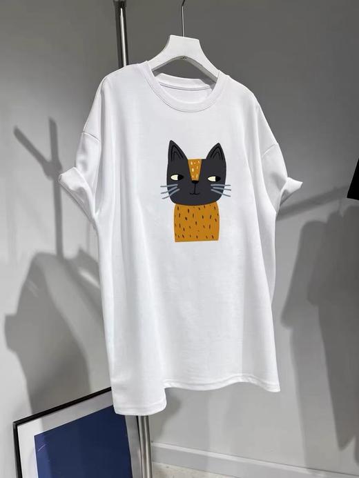 七夕福利-NO退~欧货品质-白色 猫咪卡通中长大版宽松短袖T恤-喜出 商品图2