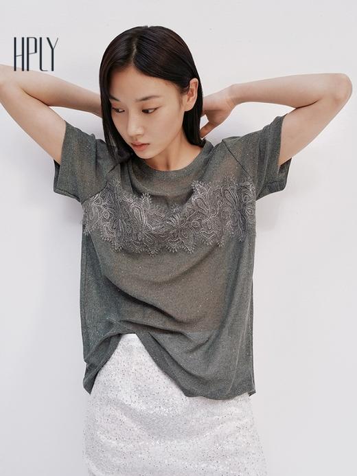 【大都会】HPLY荷比俪25夏新款女圆领珠片优雅气质舒适休闲T恤 商品图1