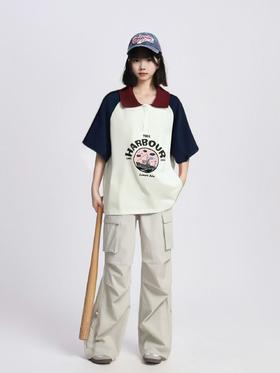 清仓价2025~（微瑕）5532藏青袖翻领宽松短袖T恤-喜出