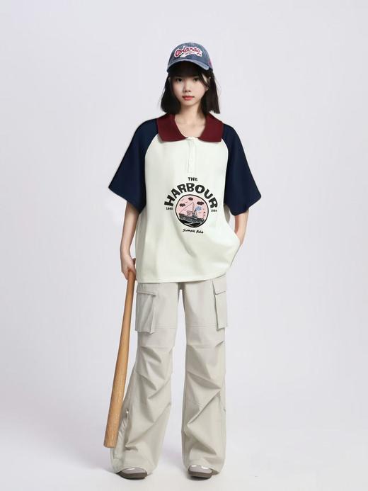 清仓价2025~（微瑕）5532藏青袖翻领宽松短袖T恤-喜出 商品图0