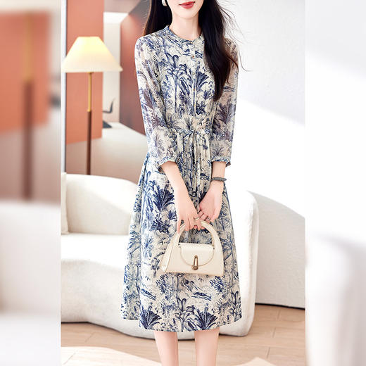 丁摩 19姆米重磅真丝双乔缎水墨青花瓷桑蚕丝印花连衣裙0178 商品图2