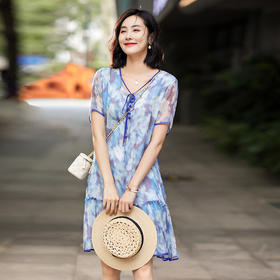 丁摩 顺纡真丝晕染迷彩印花真丝连衣裙90392