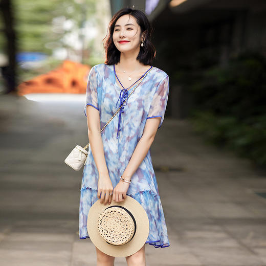 丁摩 顺纡真丝晕染迷彩印花真丝连衣裙90392 商品图0