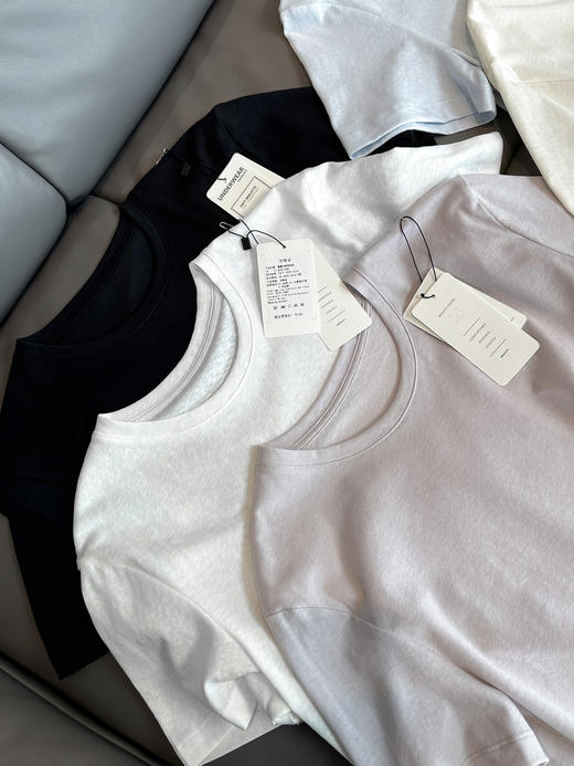 官网590！F家轻薄透气慵懒亚麻棉混纺短袖女 简约宽松显瘦圆领T恤居家打底上衣 商品图10