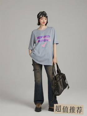 七夕福利-NO退~欧货粉字母花灰中长大版宽松短袖T恤-喜出