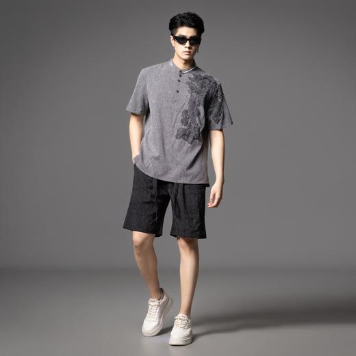PINLI品立2025夏季新款贴布绣立领短袖T恤潮流宽松男士休闲上衣服BG252111097 商品图4