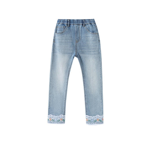 笛莎Deesha 童装女童裤子2025春新款国风刺绣花边牛仔裤 商品图4