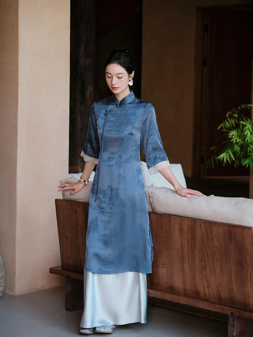STJINGx凯喜雅| 千里江山穗禾旗袍连衣裙-青雀头黛 商品图1