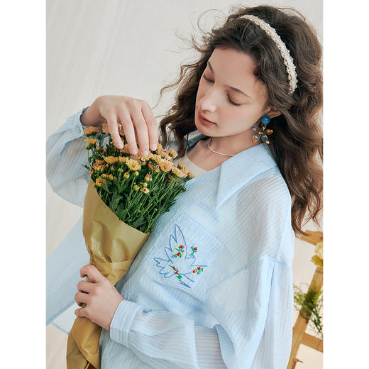 两三事自由颂歌 2025夏季新款文艺风刺绣口袋条纹长袖衬衫女宽松 商品图4